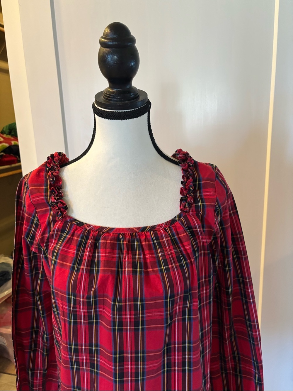 J Crew Red Plaid Square-Neck Women's Tunic with Ruffle detail